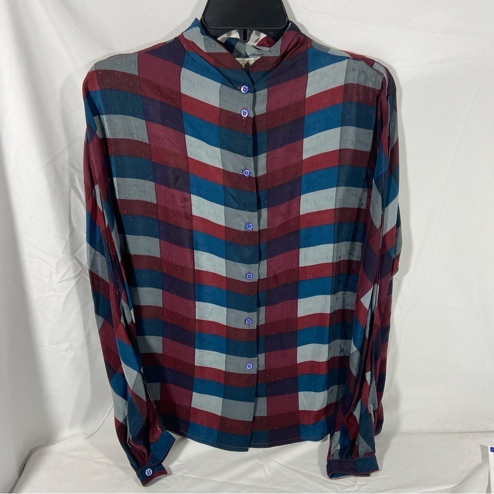 Marc D’Alcy For Delane Women’s Button Down Red Blue Silk Blouse Size 8 Slinky